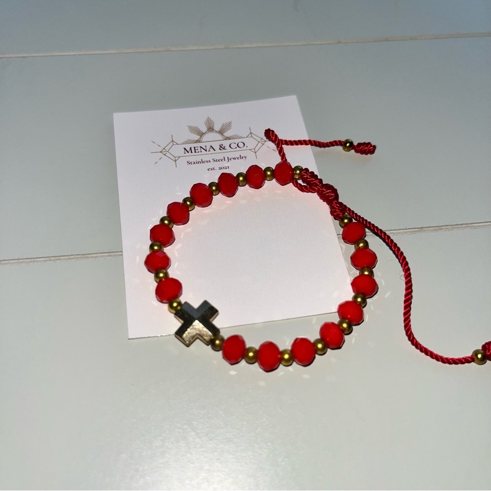 Red Beaded Bracelet with Gold Cross Charm